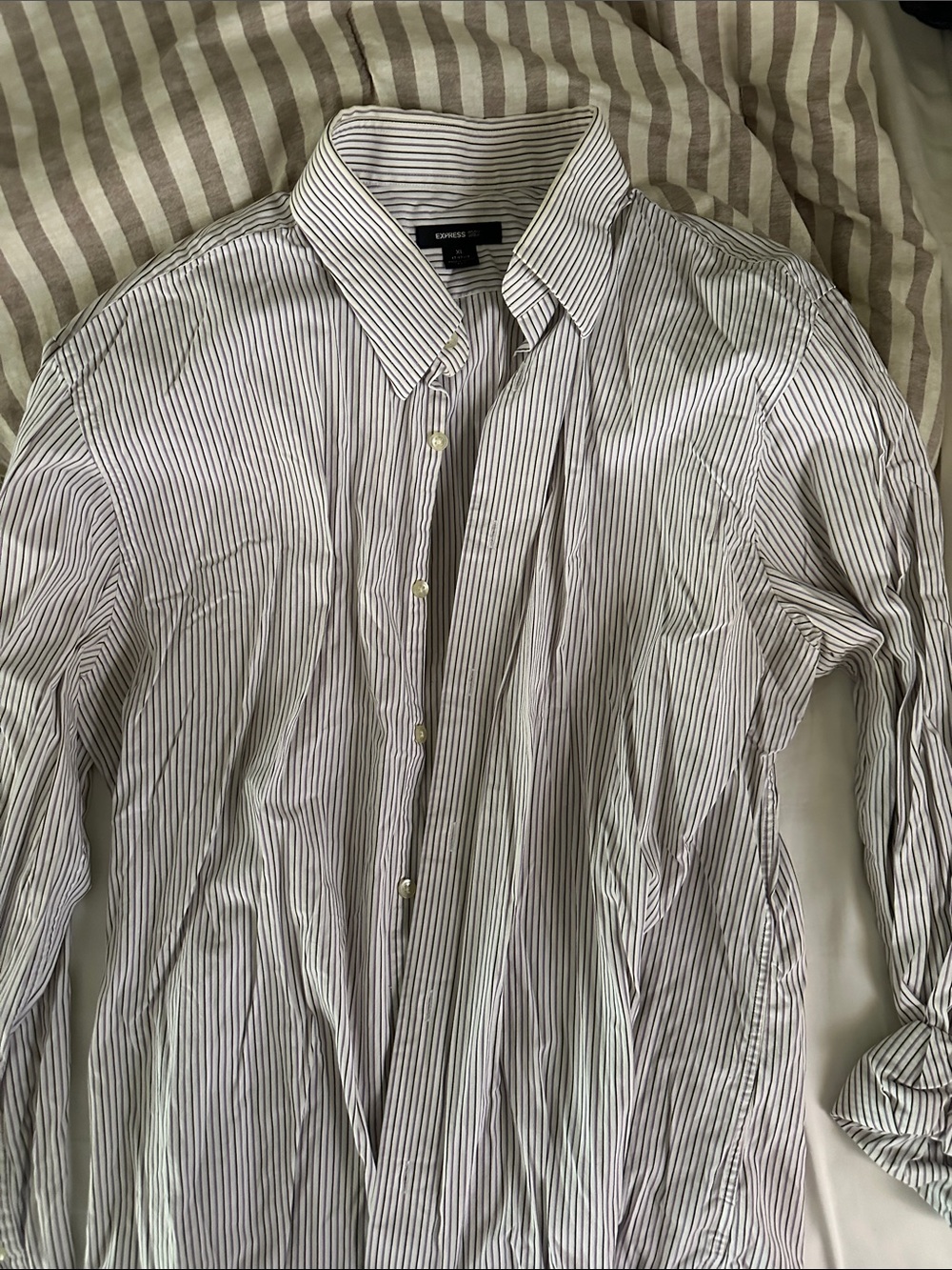 Express Men's White Dress Shirt with Thin Black Pinstripes